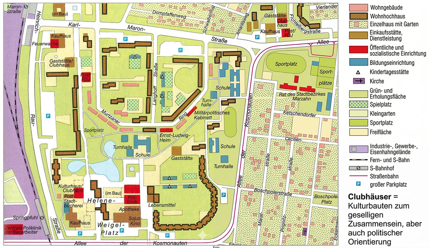 Stadtplan mit Wohnblöcken, Schulen, Sportplätzen, Clubhäusern und Legende